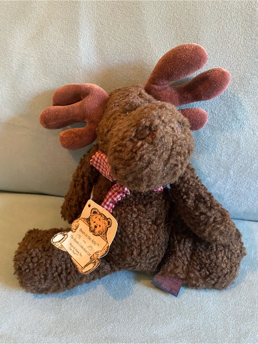 Boyds Bears Brown Plush Moose “Bears in the Attic” with Maroon/Tan Gingham Bow